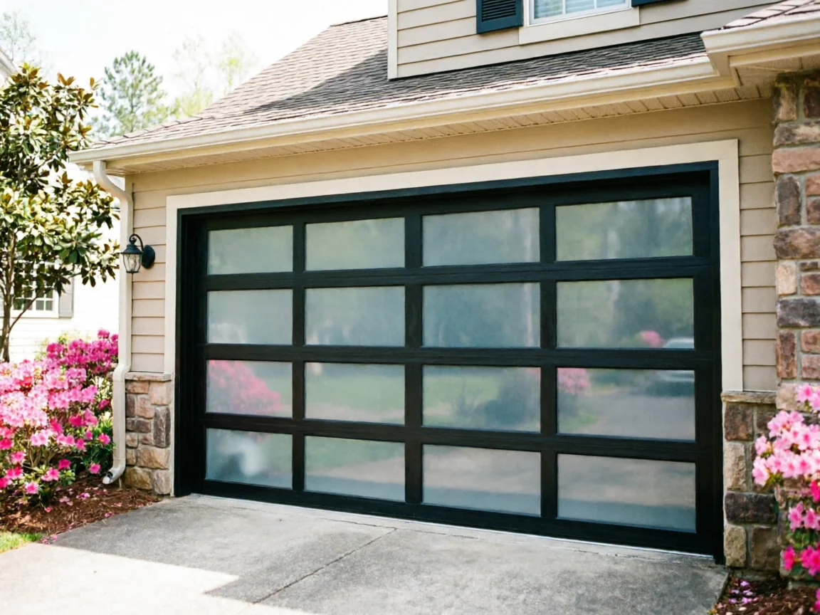 A black garage door with frosted glass panels on a house with stone and siding.