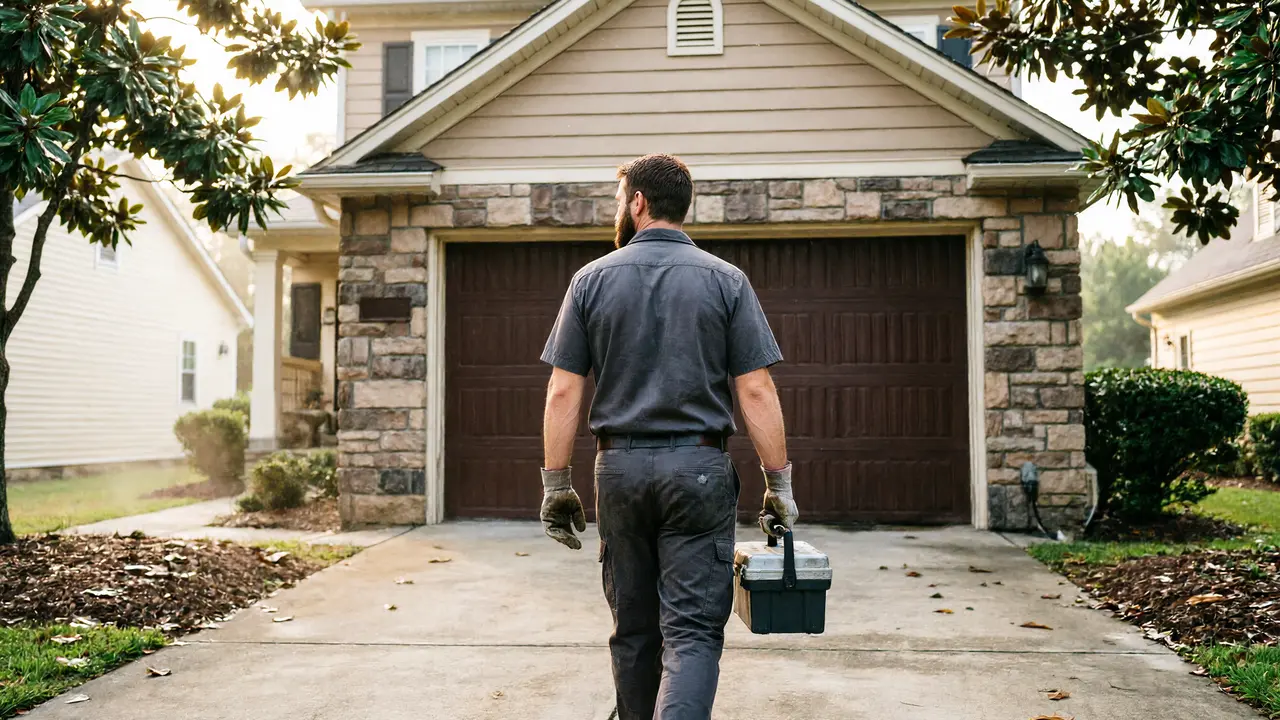 Installer fitting a new white raised-panel garage door on a shingle-sided home