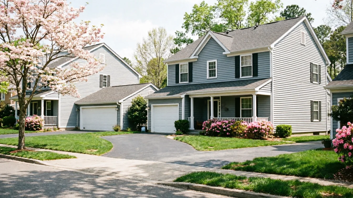 Two houses with gray siding and white garage doors are visible from the street.