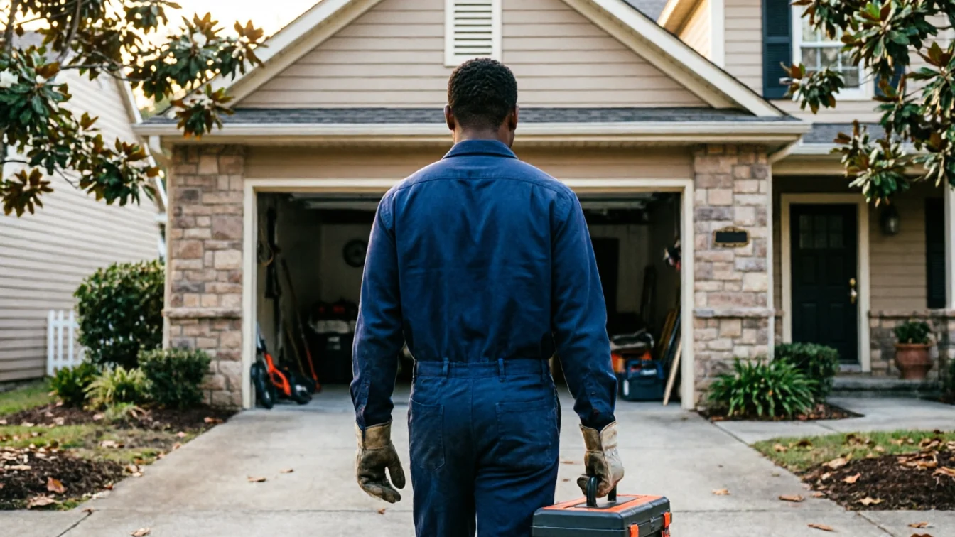 A technician in blue work clothes carries a toolbox toward an open garage.