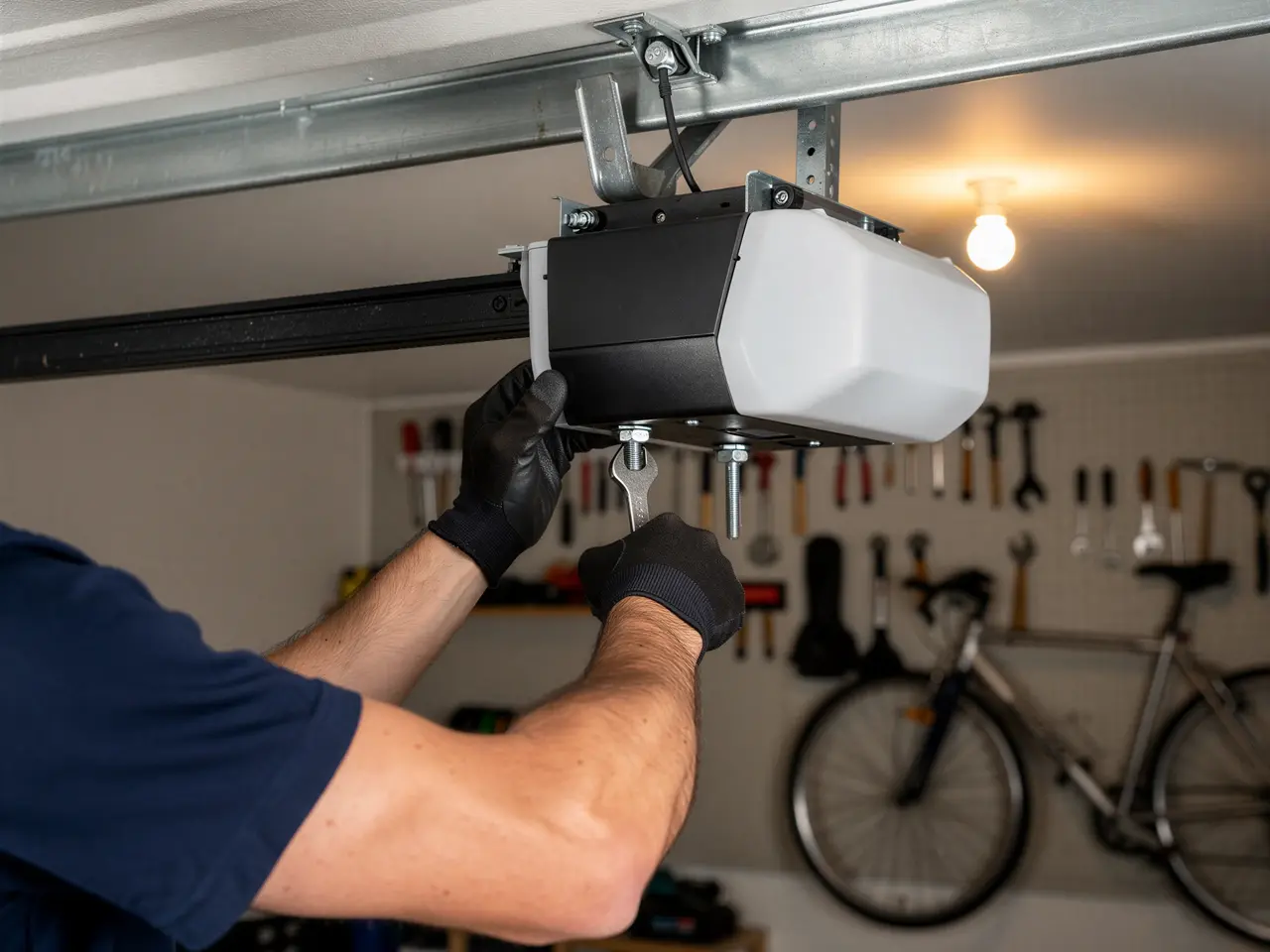 A technician in black gloves is installing a garage door opener with a wrench.